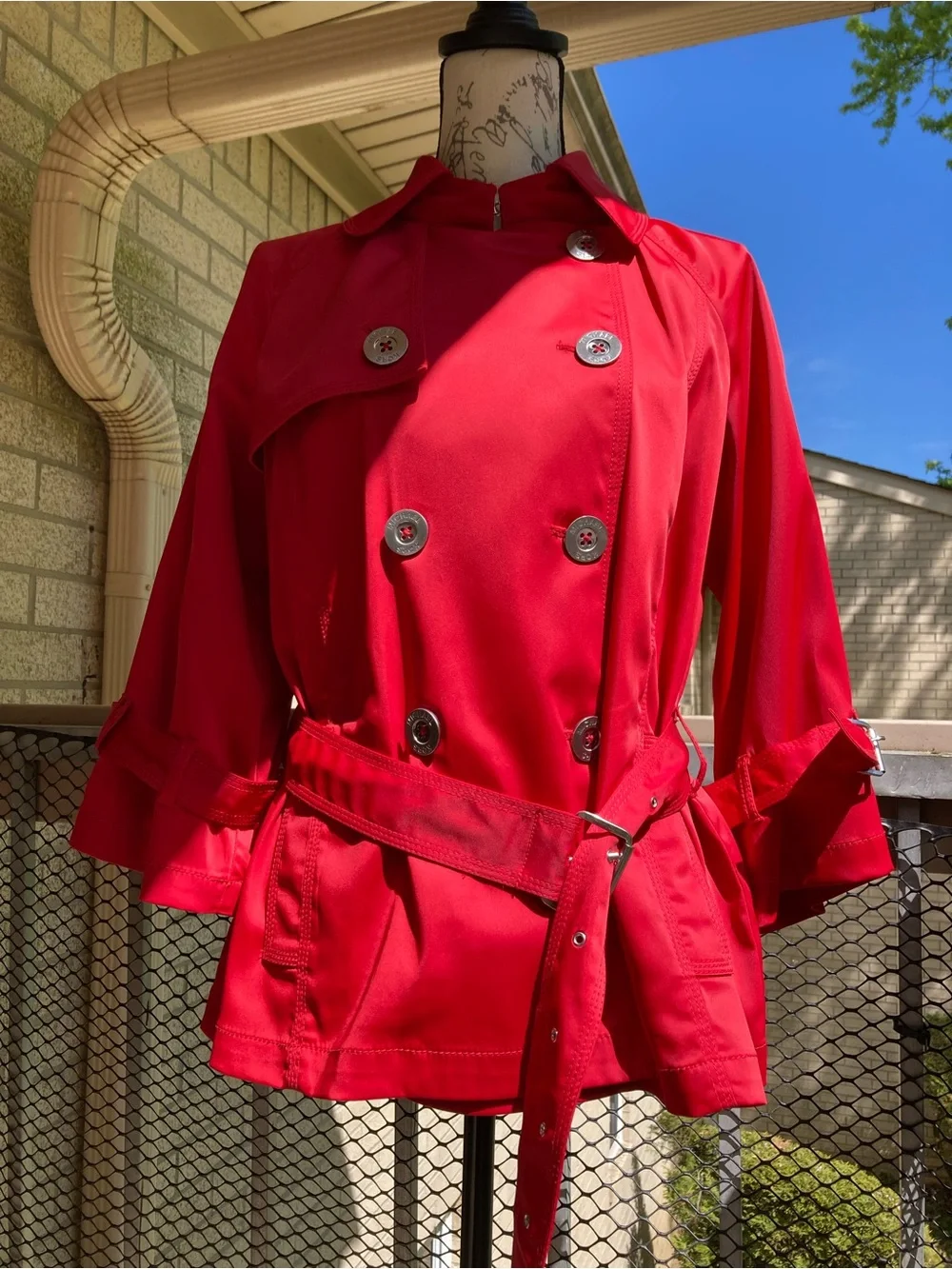 Michael Kors Red Belted Cropped Trench Coat Silver Hardware